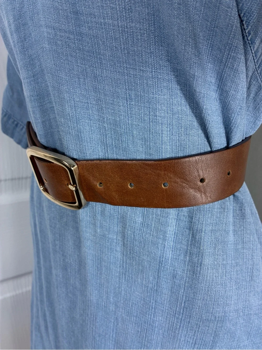 Womens belt 37” long brown faux leather gold squared buckle